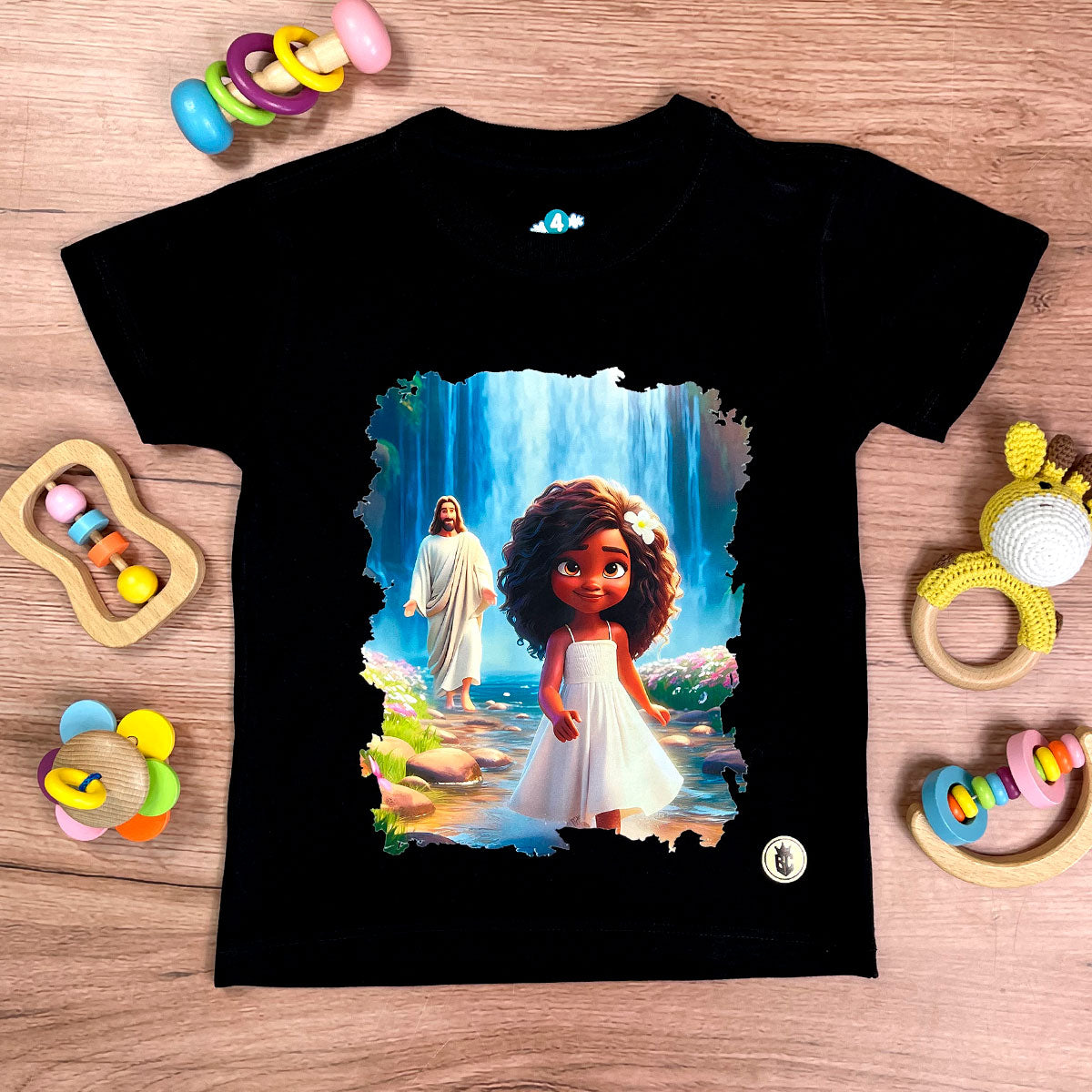 T-Shirt Infantil Preta Menina Jesus