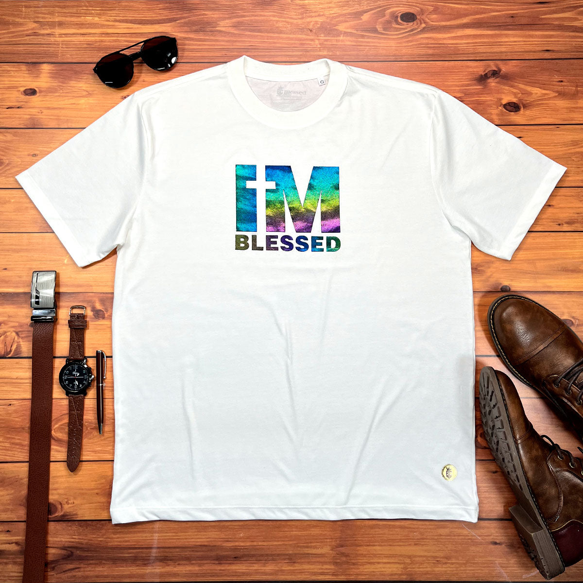 Camiseta Masculina Off White Aplique Camaleão IM Blessed