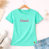 Camiseta Feminina Verde Menta Blessed Glitter Pink Aplique
