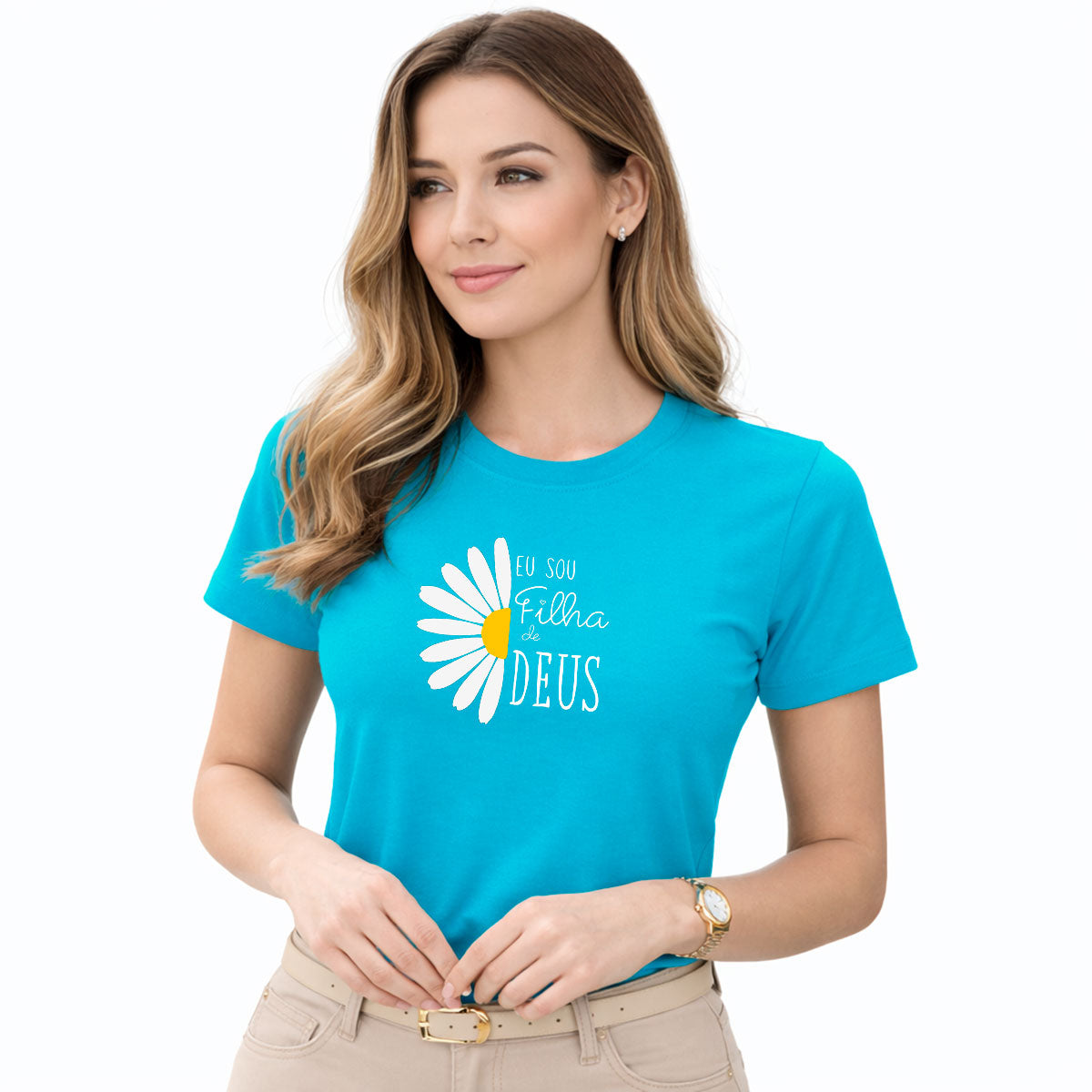 Camiseta Feminina Turquesa Flor Eu Sou Filha De Deus 