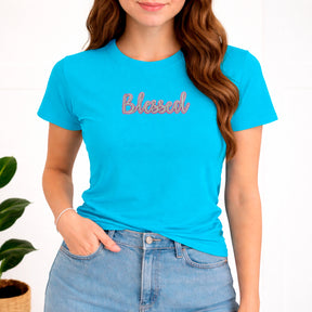 Camiseta Feminina Turquesa Blessed Glitter Pink Aplique