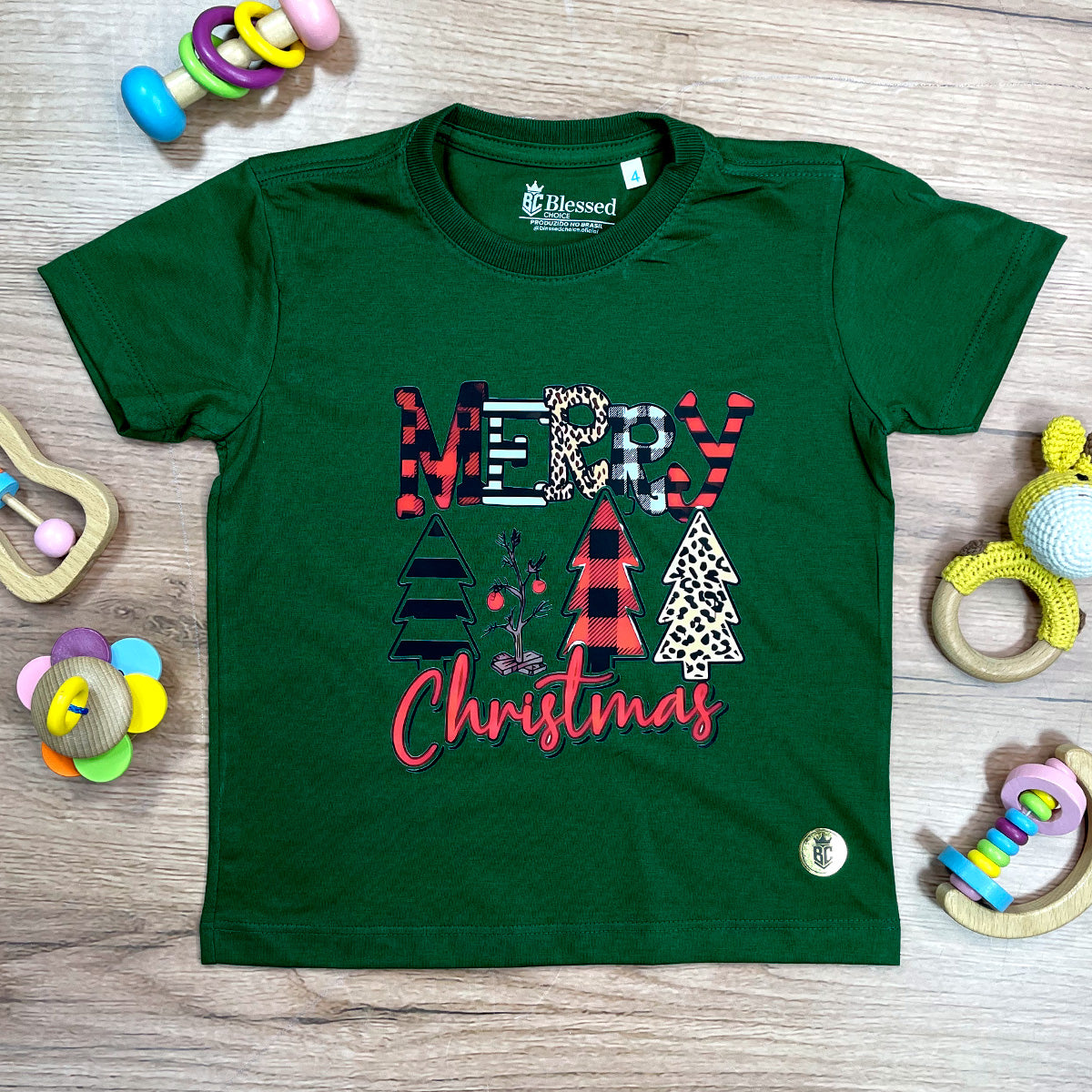 T-Shirt Infantil Verde Merry Christmas Árvore
