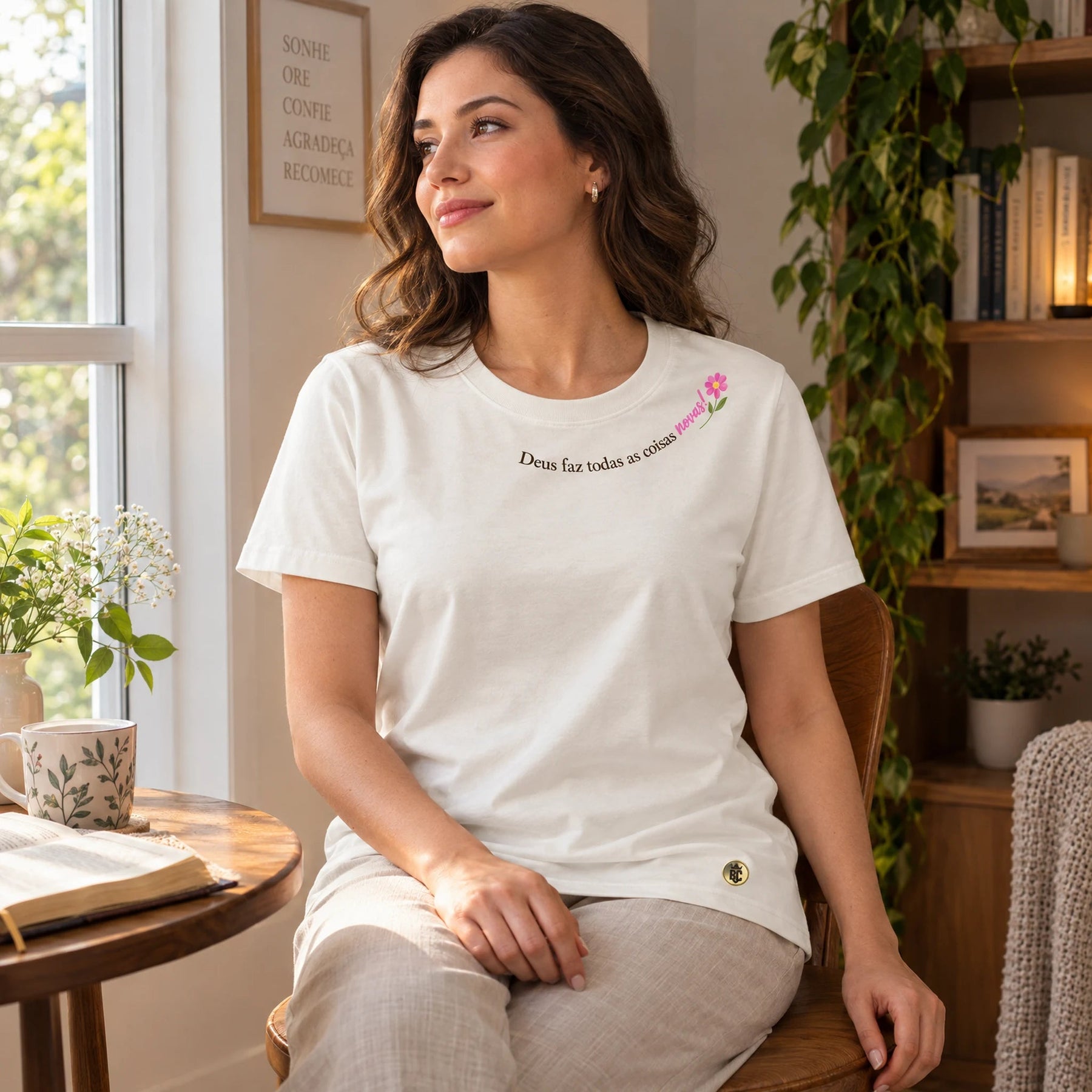 Camiseta Feminina Off White Deus Faz Todas as Coisas Novas!
