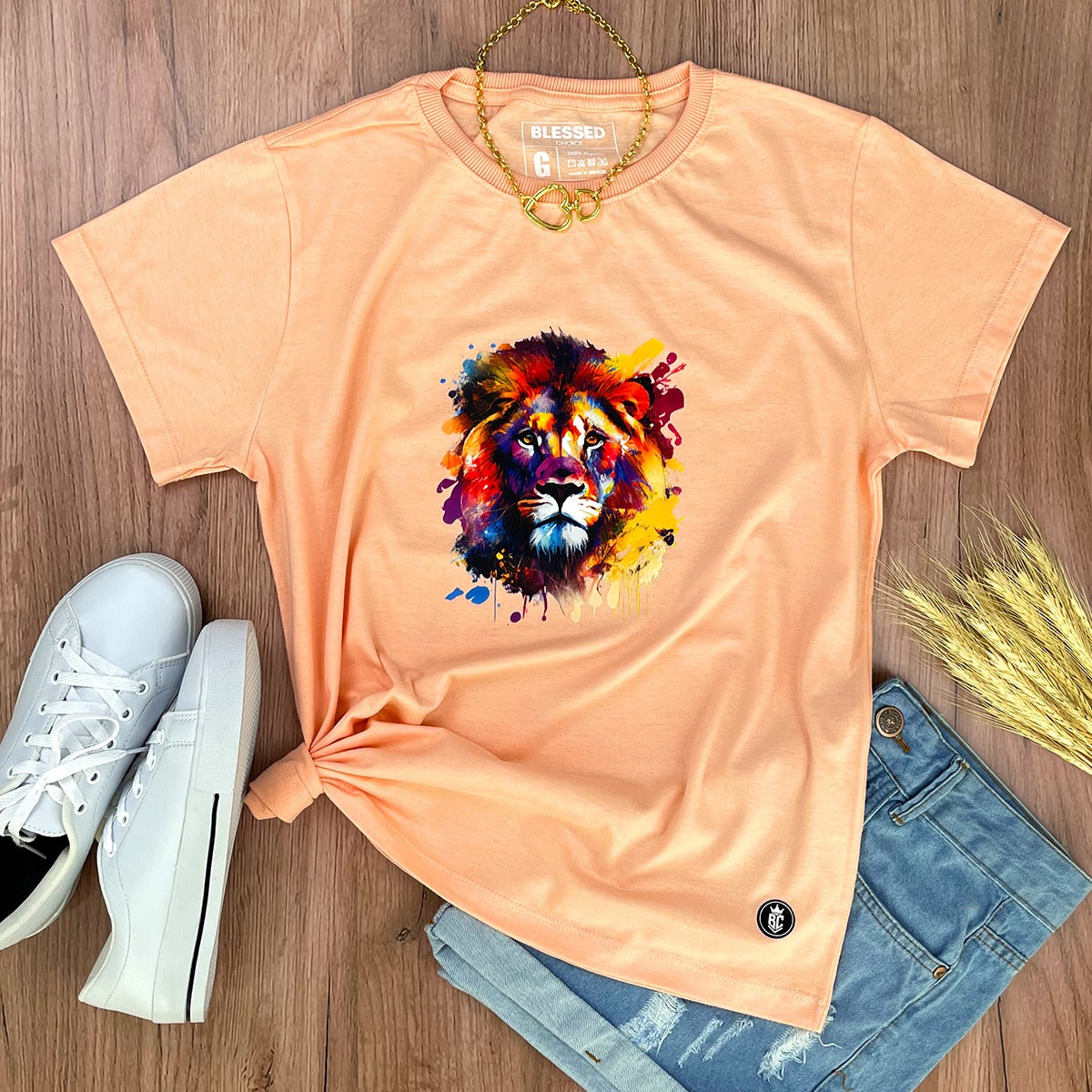 Camiseta Feminina Salmão Leão Colorido