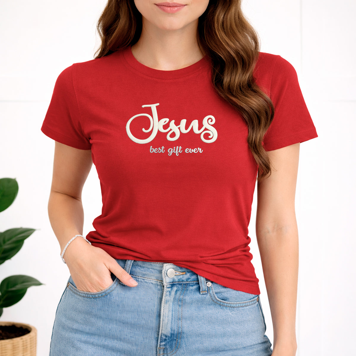 Camiseta Feminina Vermelha Jesus Best Gift Ever Veludo