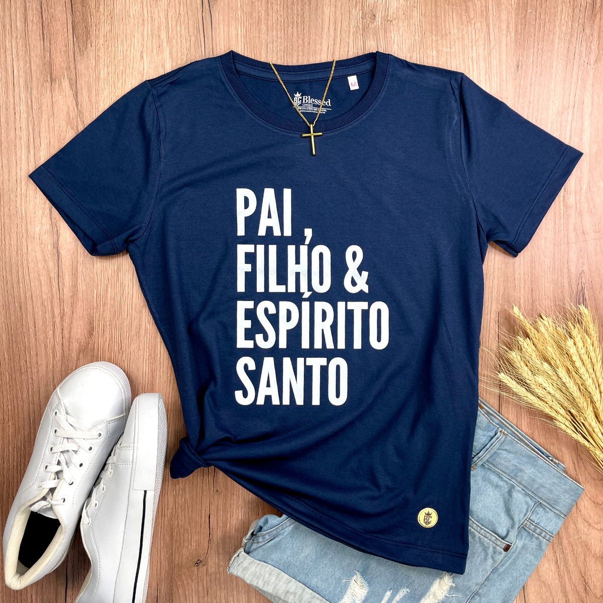 Camiseta Feminina Azul Pai, Filho & Espírito Santo