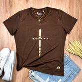Camiseta Feminina Marrom Cruz Dourada Jesus Cristo