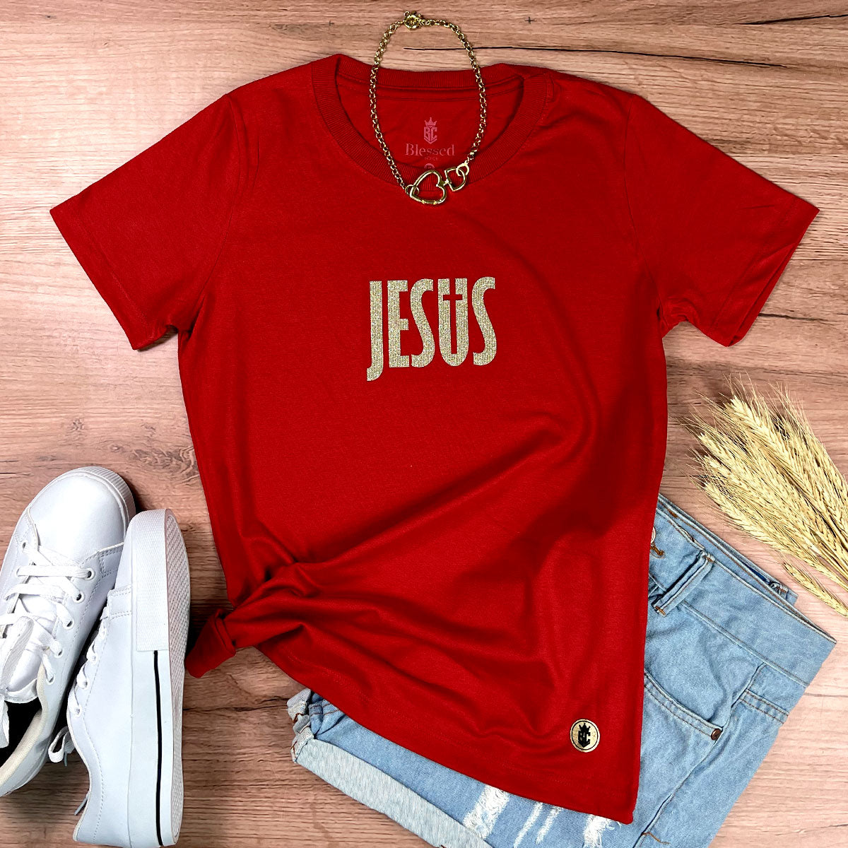 Camiseta Feminina Vermelha Jesus Cruz Glitter