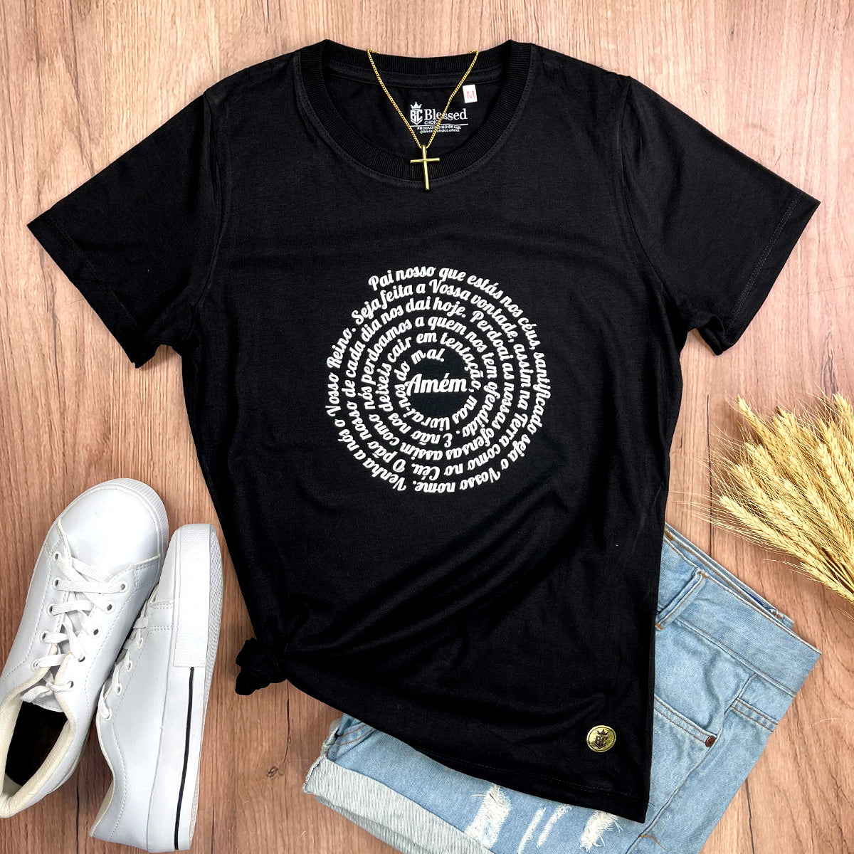 Camiseta Feminina Preta Pai Nosso