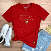Camiseta Feminina Vermelha Família Coração Dourado
