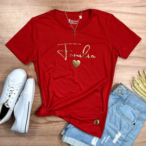 Camiseta Feminina Vermelha Família Coração Dourado