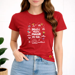 Camiseta Feminina  Vermelha Deus é Muito Maior 