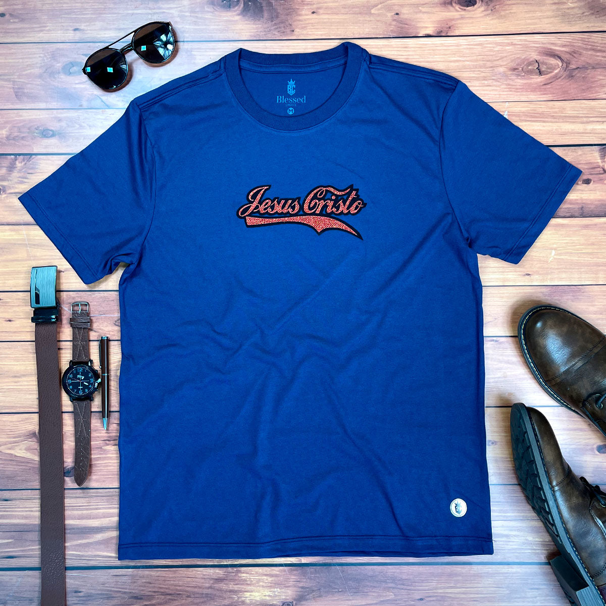 Camiseta Masculina Azul Jesus Cristo Cola