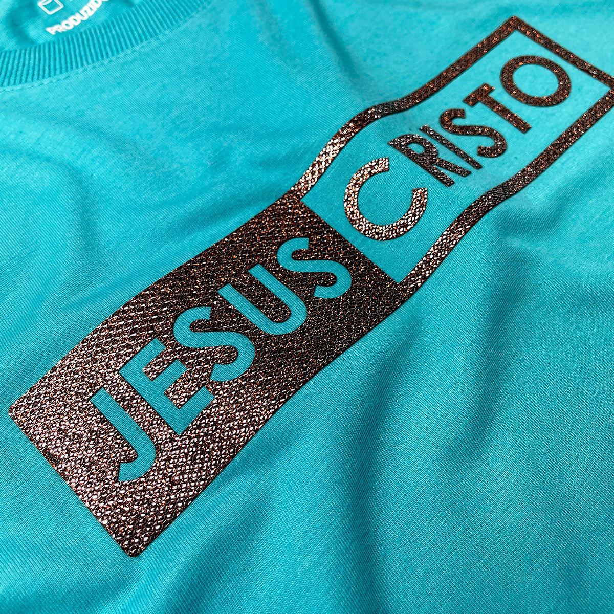 Camiseta Feminina Turquesa Jesus Cristo Glitter