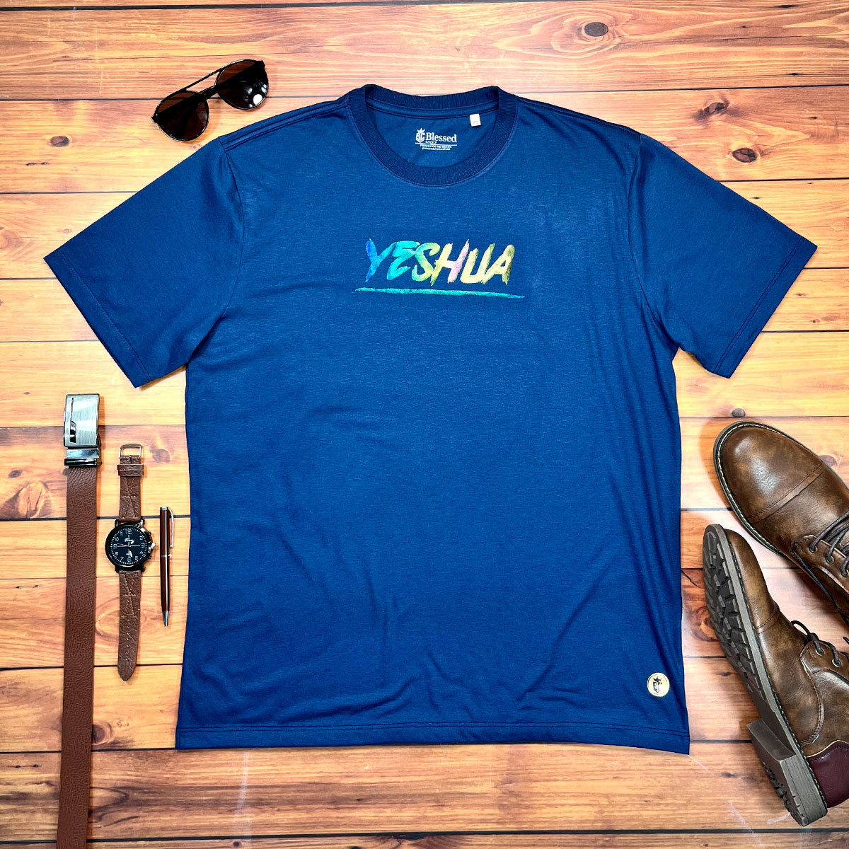 Camiseta Masculina Azul Aplique Camaleão Yeshua