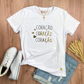 Camiseta Feminina Branca Coração Oração Ação Dourado