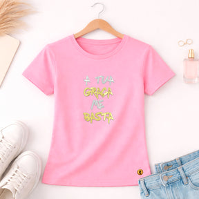 Camiseta Feminina Rosa A Tua Graça Me Basta  Aplique