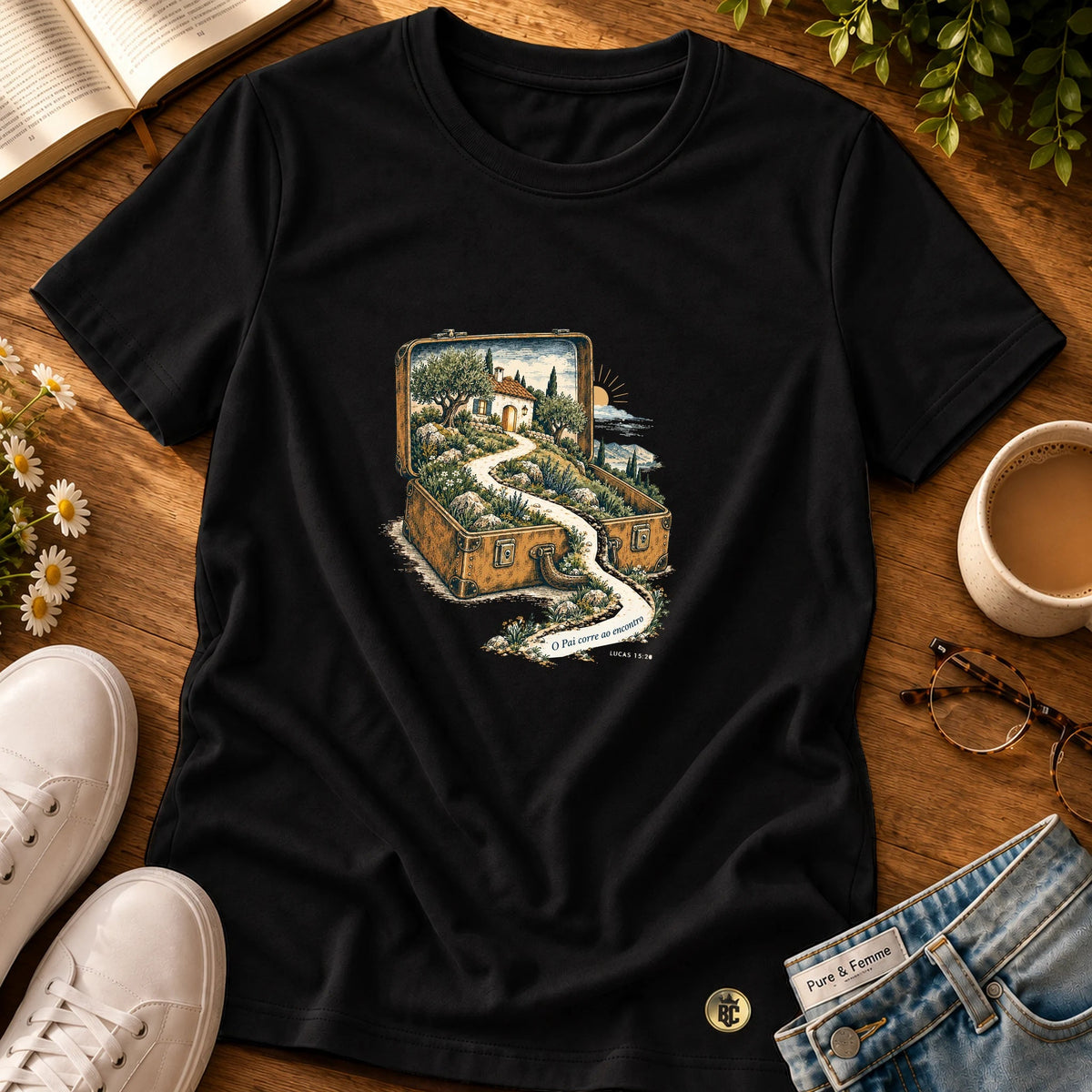 Camiseta Feminina Preta O Pai corre ao encontro
