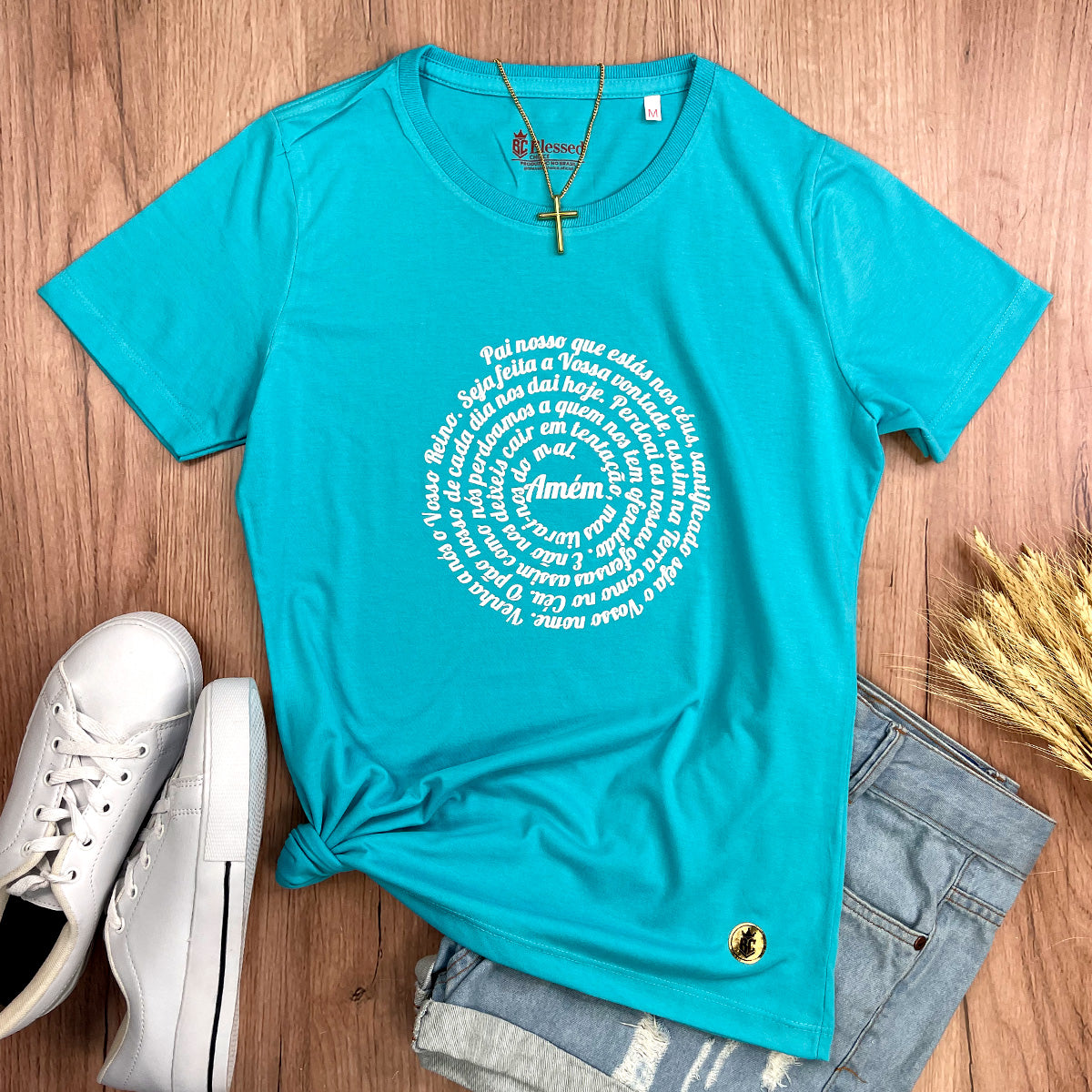 Camiseta Feminina Turquesa Pai Nosso