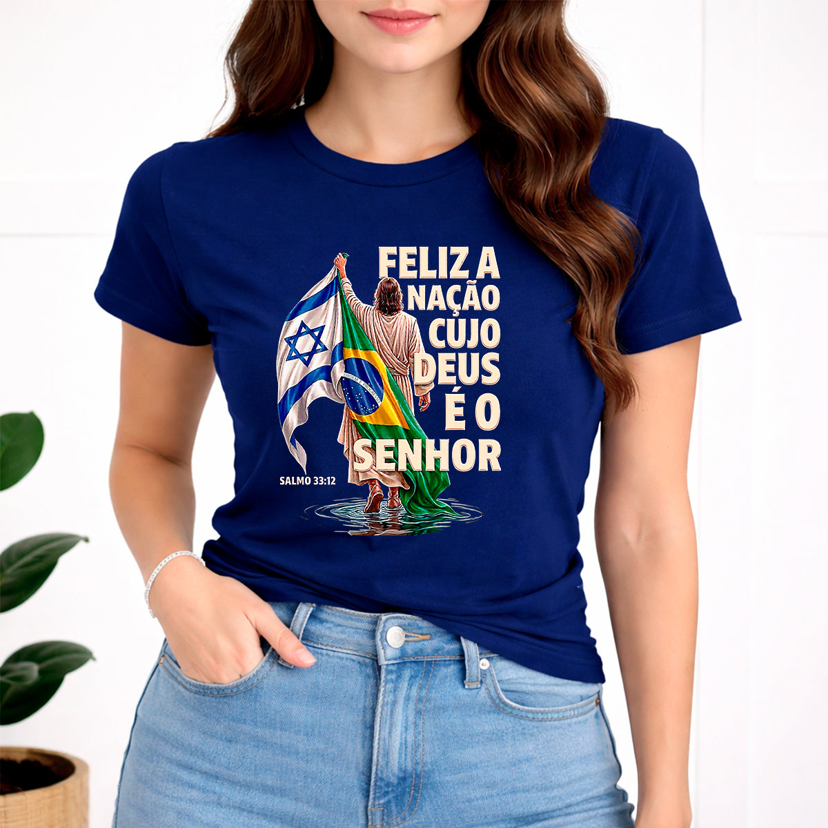 Camiseta Feminina Azul Brasil Feliz é a Nação