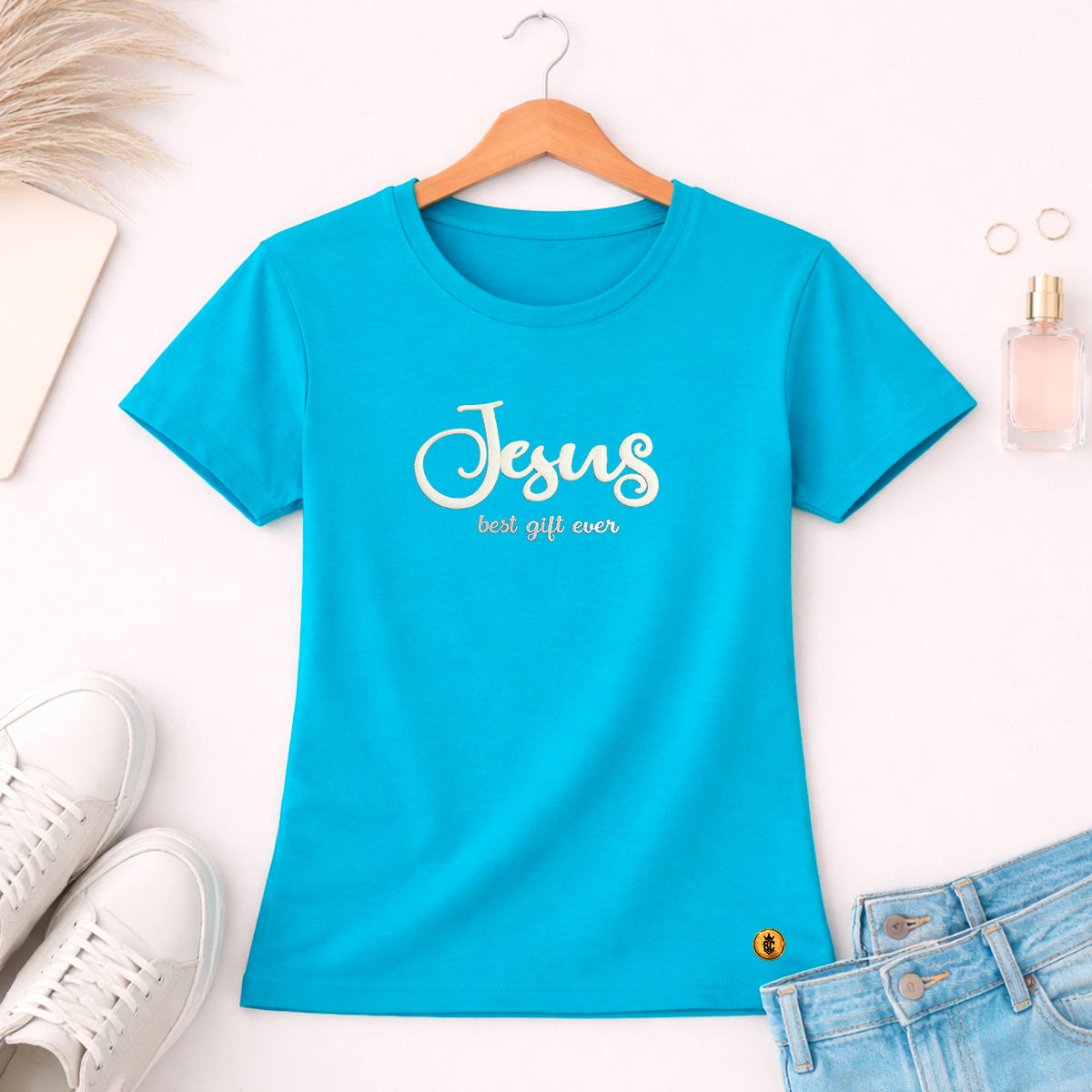 Camiseta Feminina Turquesa Jesus Best Gift Ever Veludo