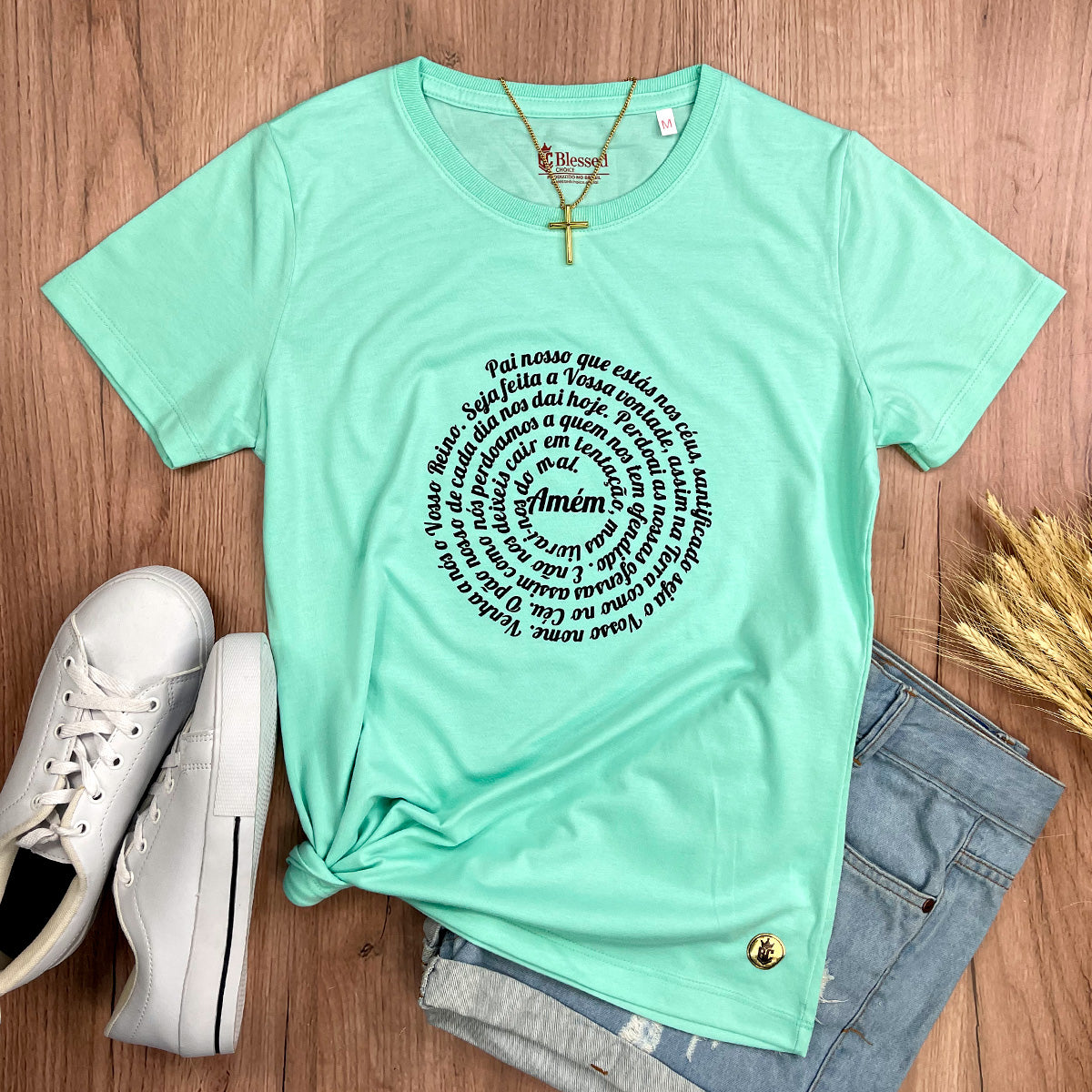 Camiseta Feminina Verde Menta Pai Nosso