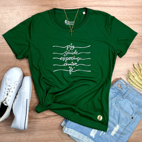 Camiseta Feminina Verde Paz Saúde Esperança Coroa
