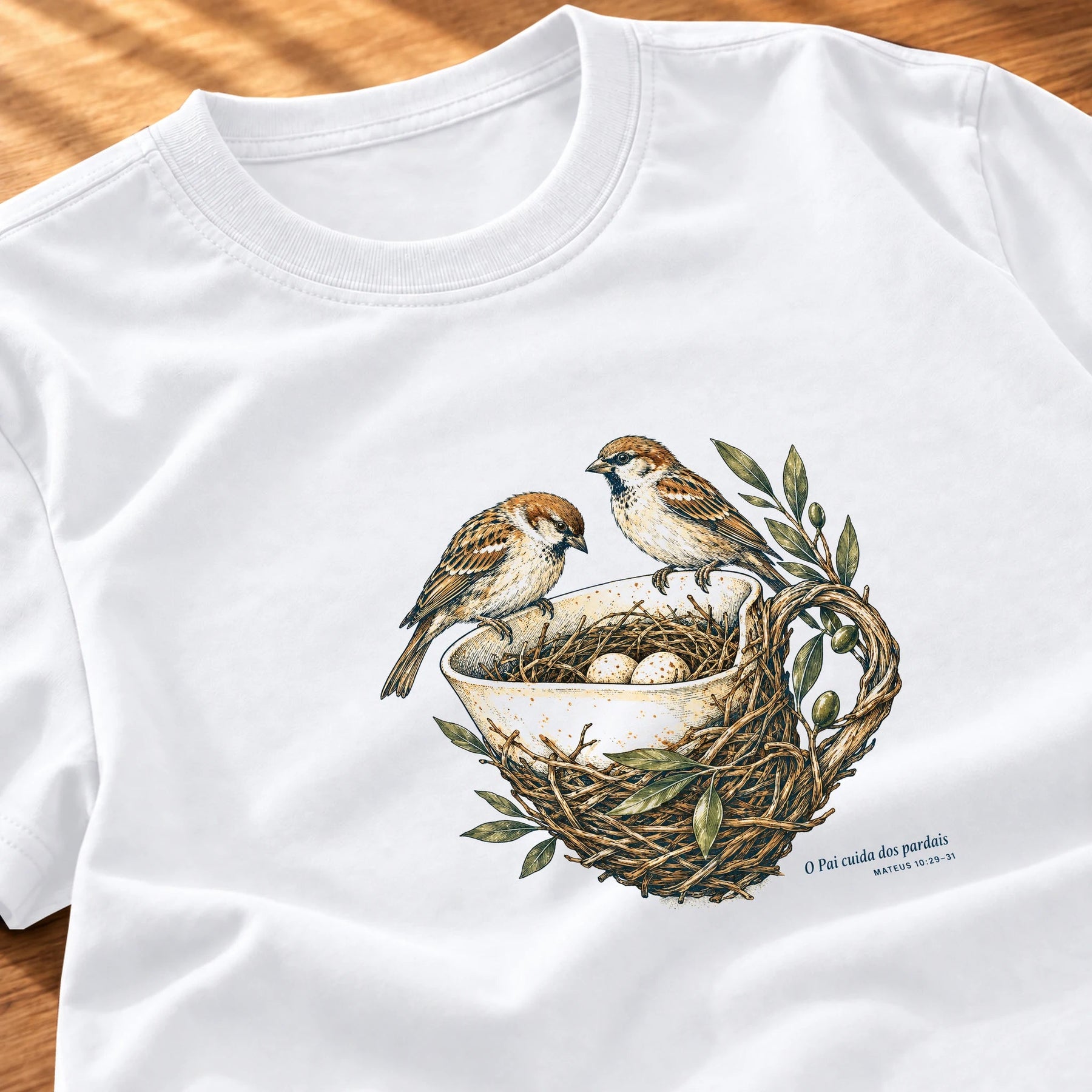 Camiseta Feminina Branca O Pai cuida dos pardais
