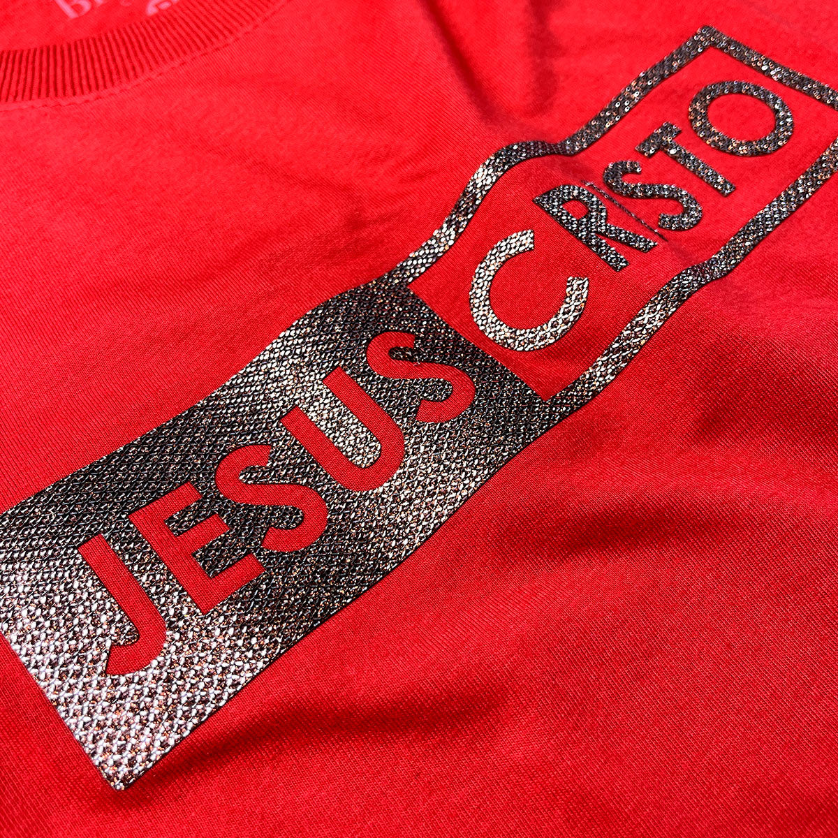 Camiseta Feminina Vermelha Jesus Cristo Glitter