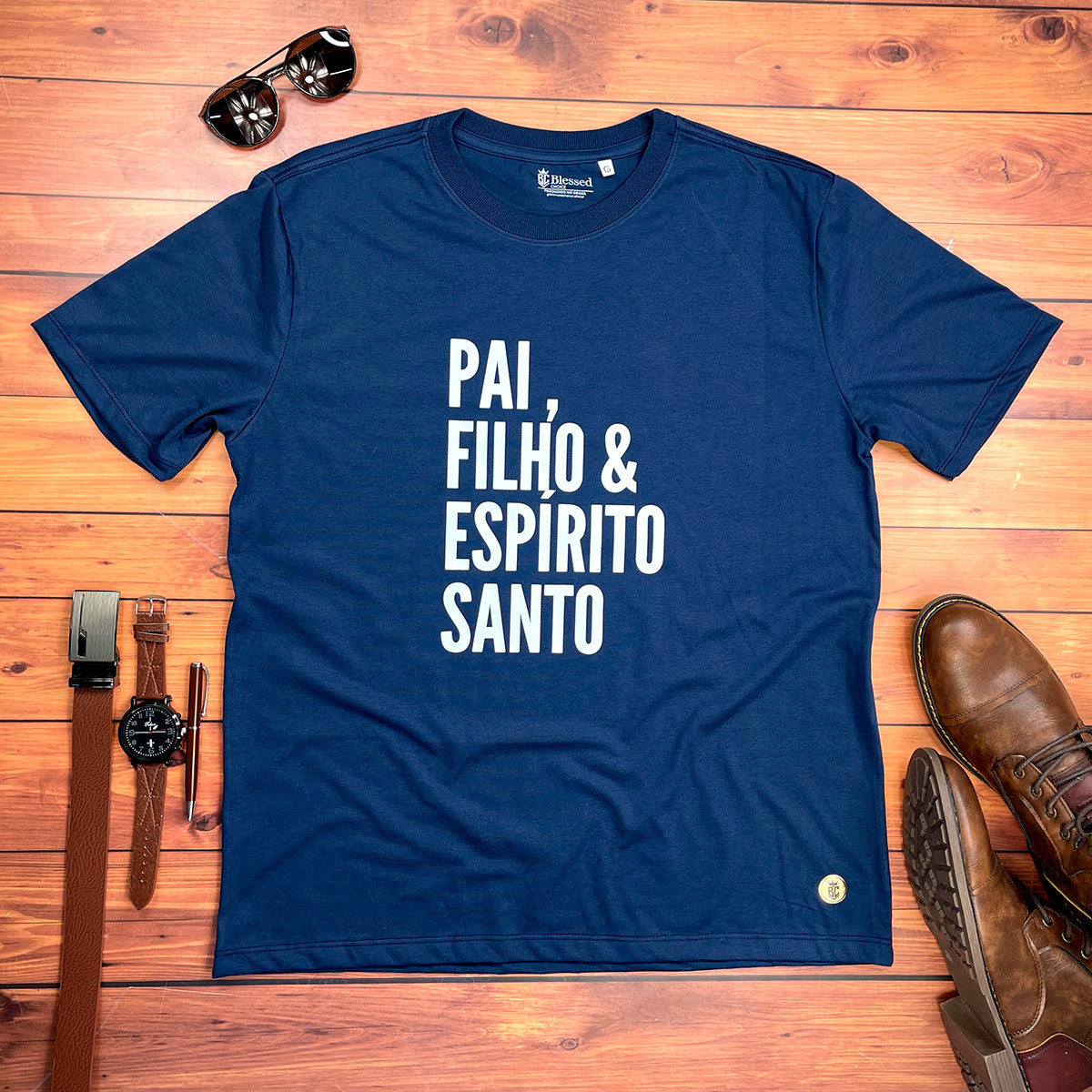 Camiseta Masculina Azul Pai, Filho & Espírito Santo