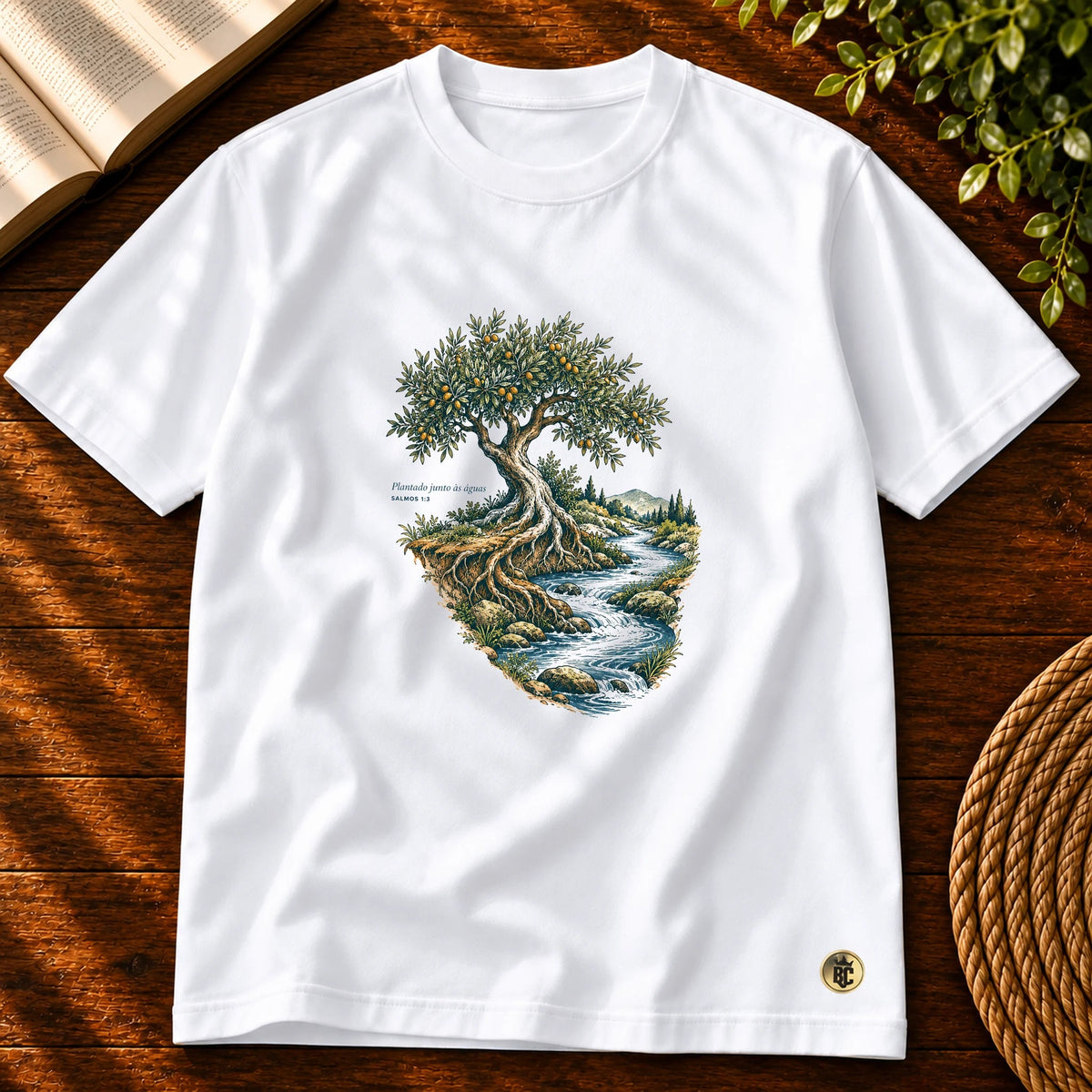 Camiseta Masculina Branca Plantado junto às águas