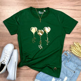 Camiseta Feminina Verde Coração Paz Amor Dourado
