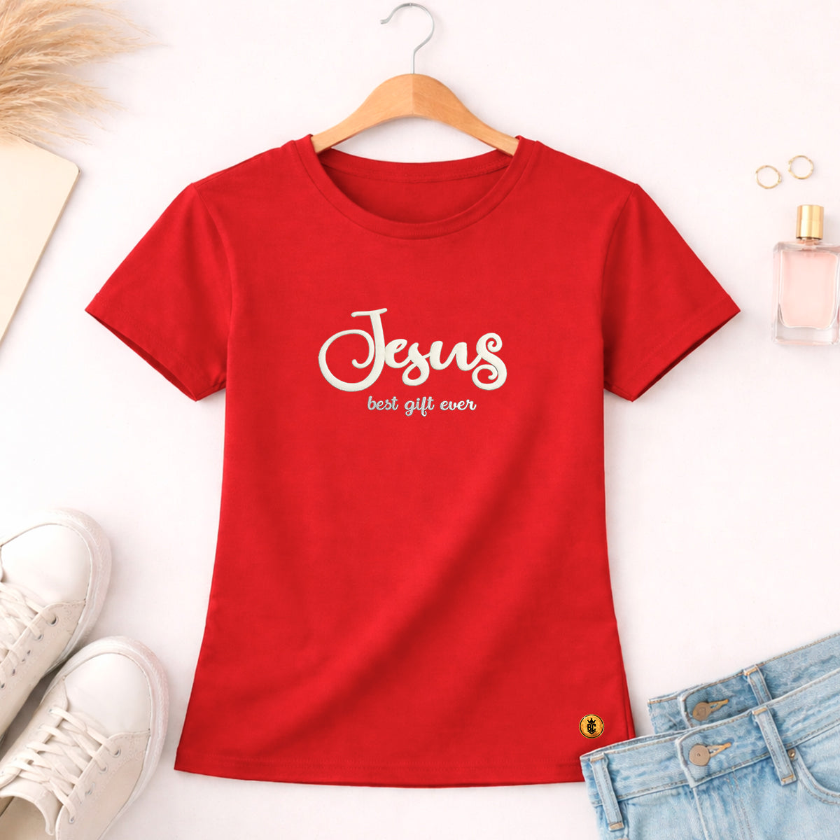 Camiseta Feminina Vermelha Jesus Best Gift Ever Veludo