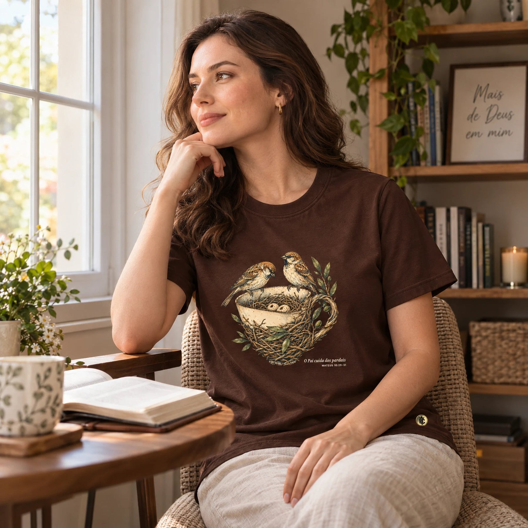 Camiseta Feminina Marrom O Pai cuida dos pardais