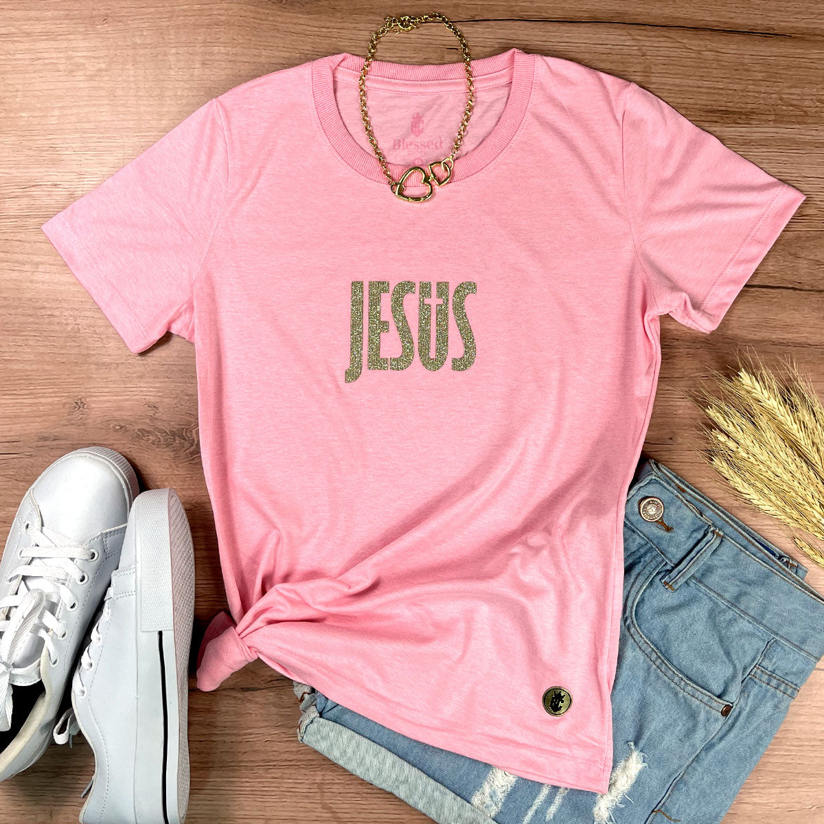 Camiseta Feminina Rosa Jesus Cruz Glitter