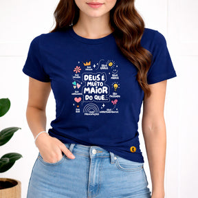 Camiseta Feminina  Azul Deus é Muito Maior 