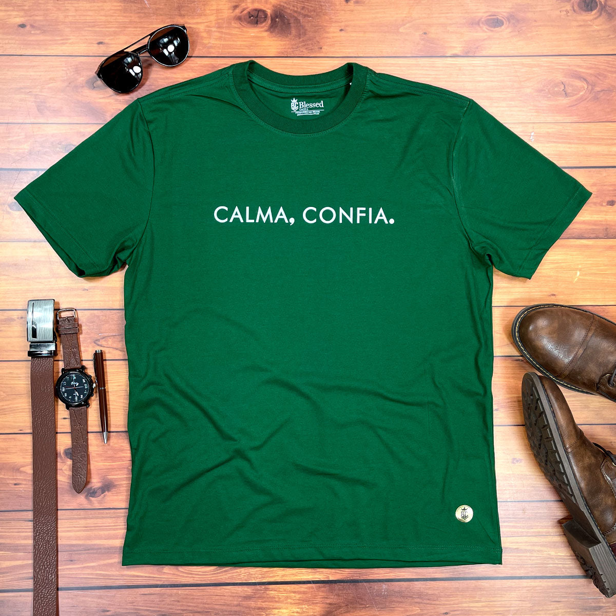 Camiseta Masculina Verde Calma, Confia.