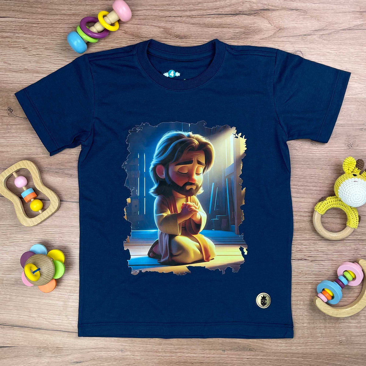 T-Shirt Infantil Azul Jesus Orando