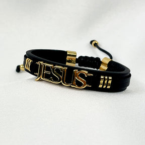 Pulseira de Couro Jesus Dourado