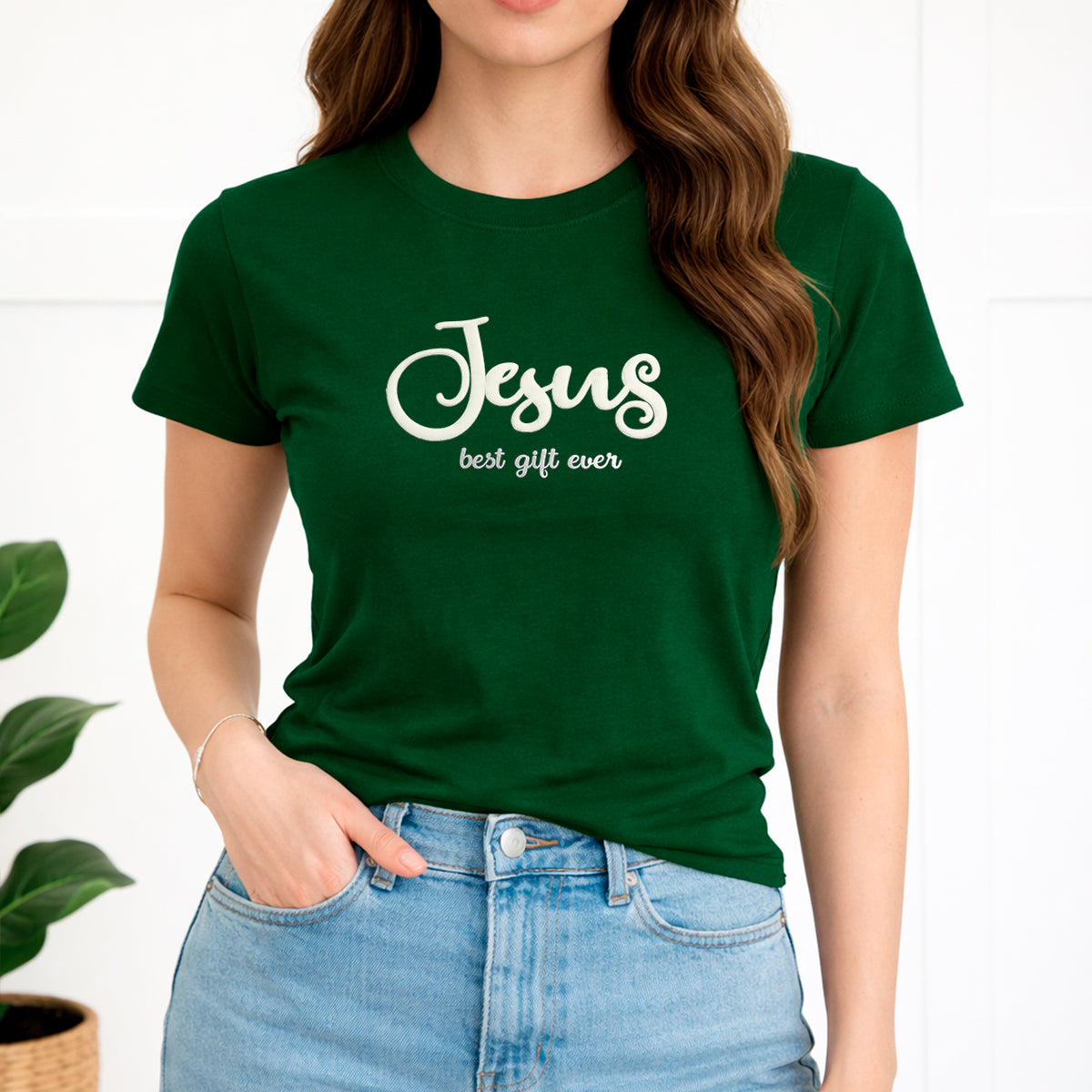 Camiseta Feminina Verde Jesus Best Gift Ever Veludo