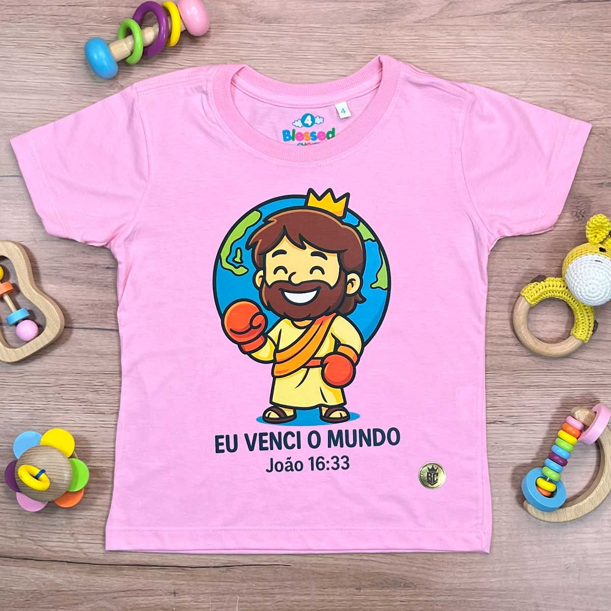 T-Shirt Infantil Rosa Eu Venci o Mundo