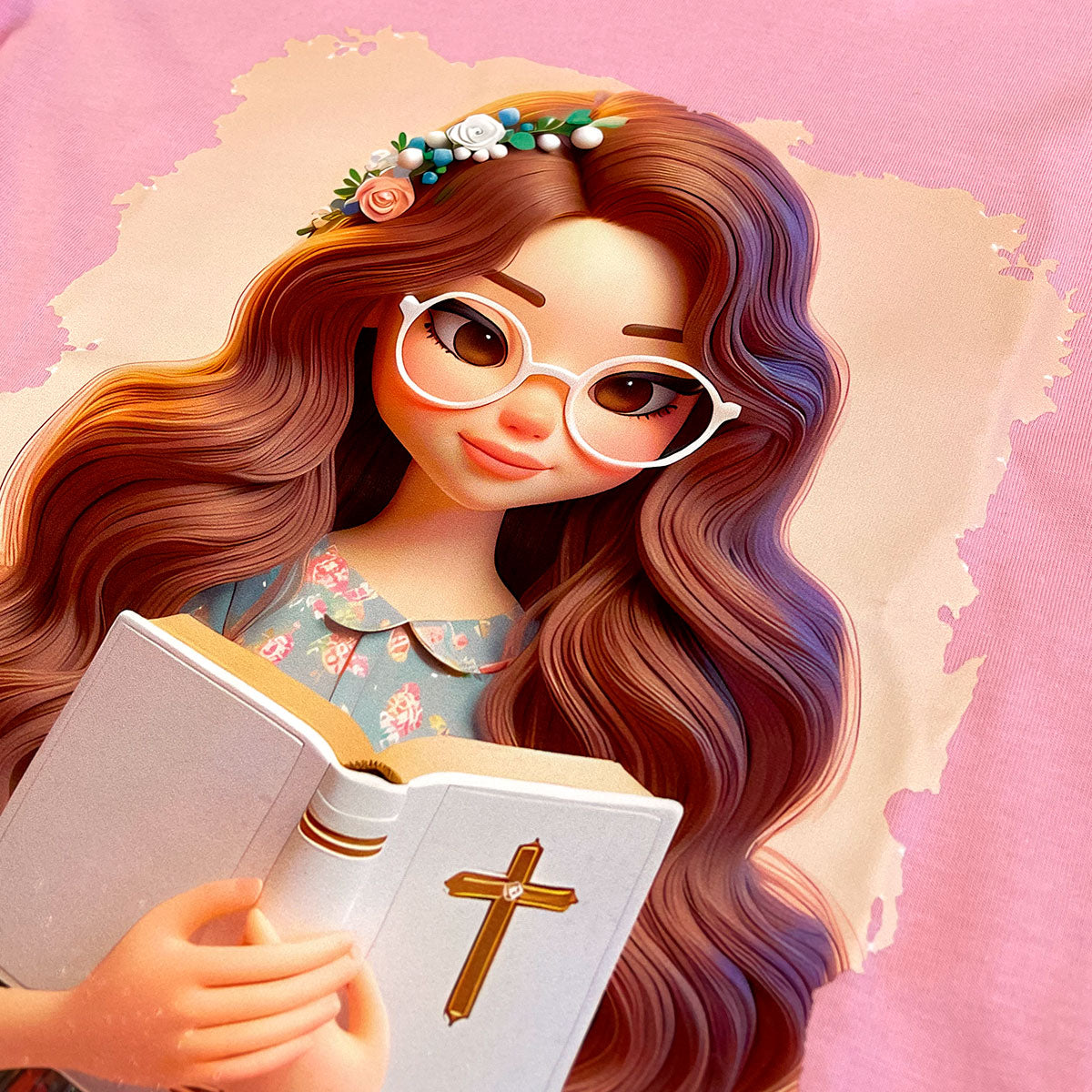 T-Shirt Infantil Rosa Garota Bíblia Branca