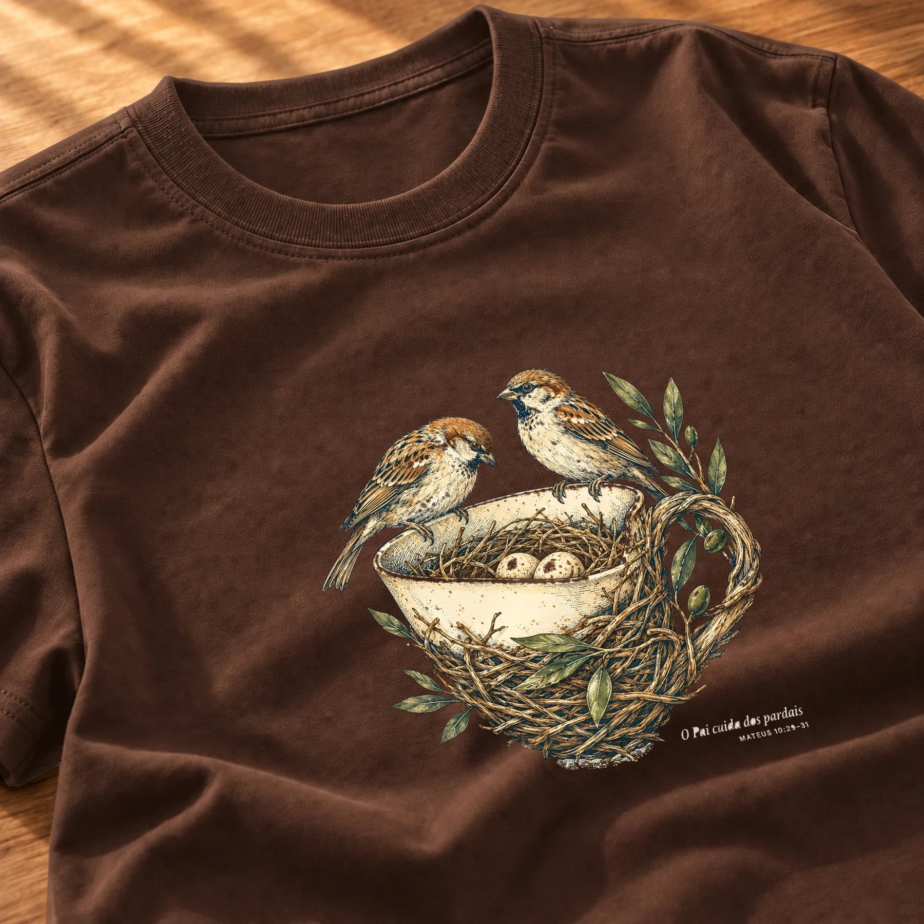 Camiseta Feminina Marrom O Pai cuida dos pardais