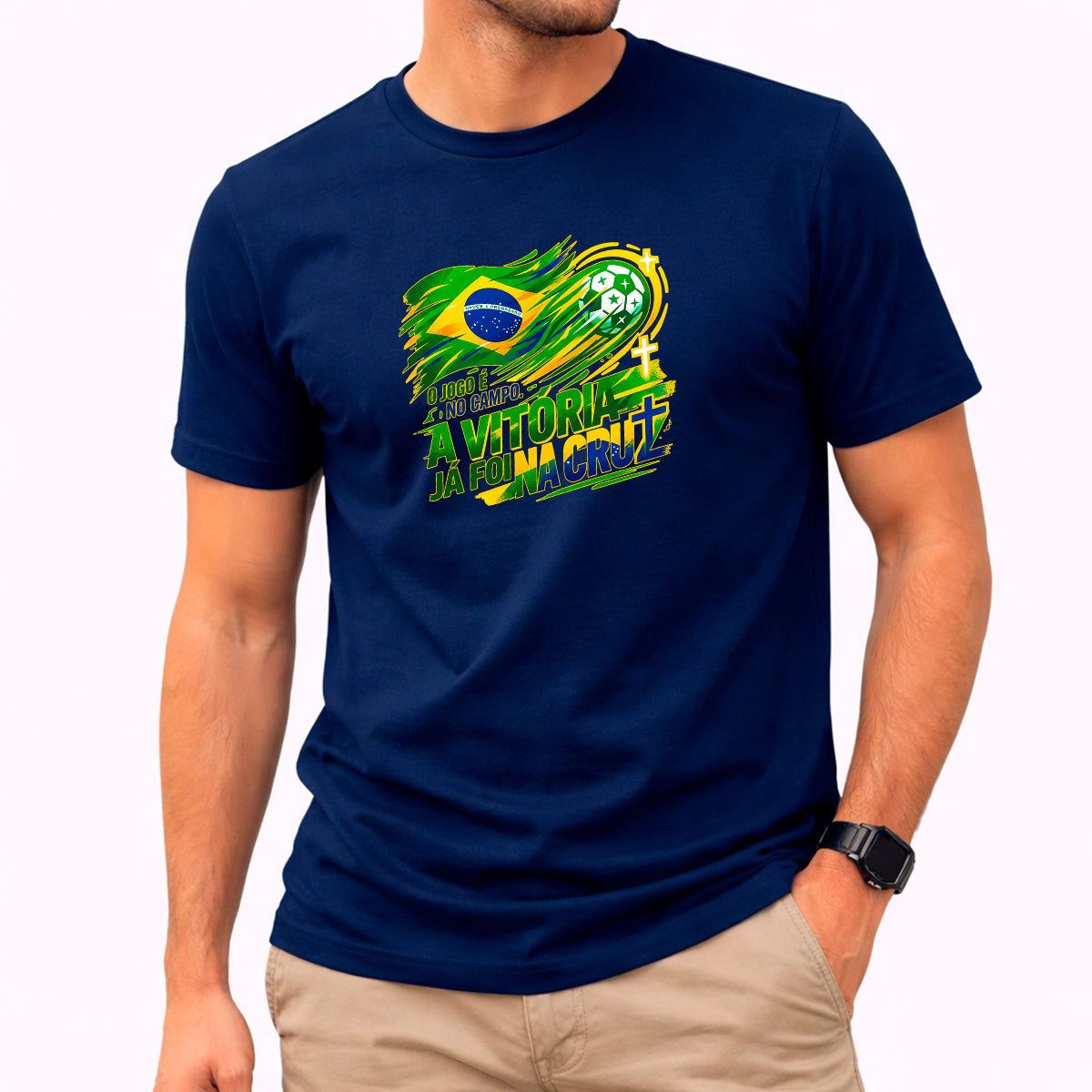 Camiseta Masculina Azul Brasil A Vitória já foi na Cruz