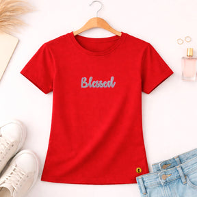 Camiseta Feminina Vermelha Blessed Glitter Pink Aplique