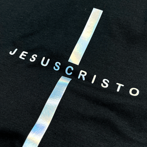 T-Shirt Infantil Preta Cruz Prata Jesus Cristo