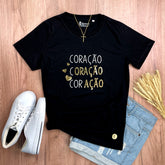 Camiseta Feminina Preta Coração Oração Ação Dourado