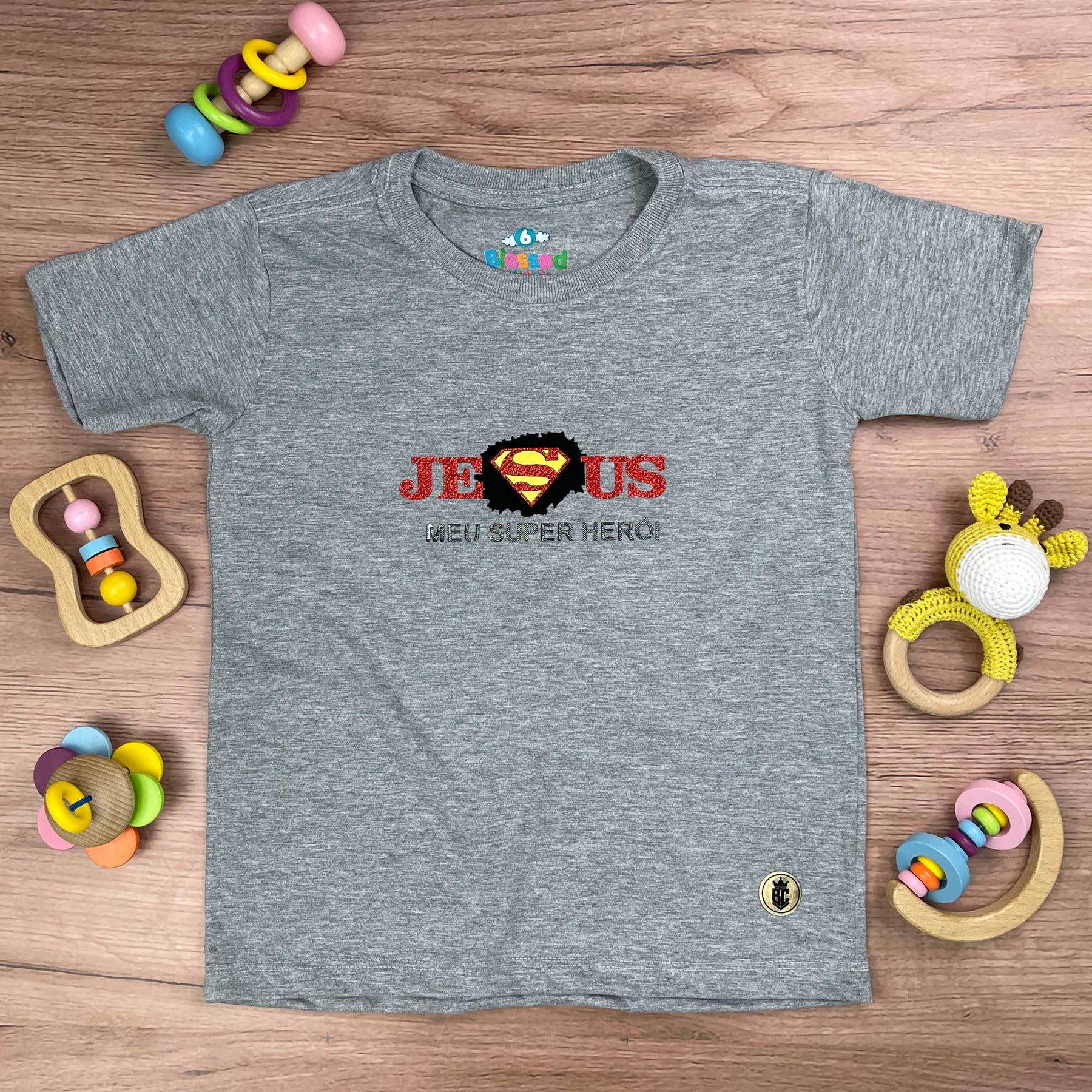 T-Shirt Infantil Cinza Jesus Meu Super Herói