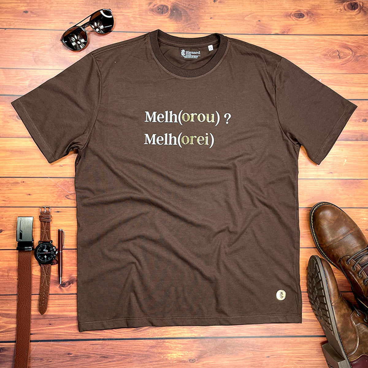 Camiseta Masculina Marrom Melho(orou) ? Melh(orei)