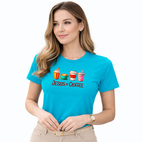 Camiseta Feminina Turquesa Jesus & Coffee
